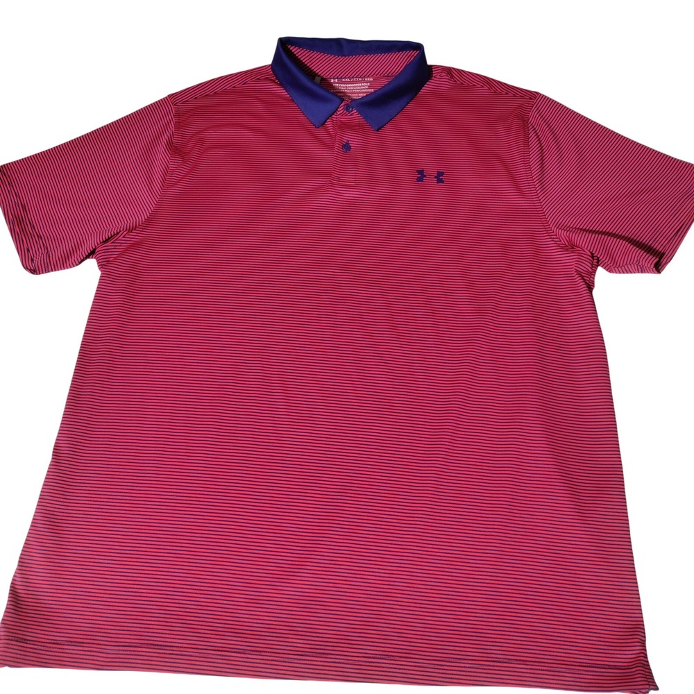 Under Armour Mens XXL Performance Polo Shirt Pink Purple Striped Loose Fit